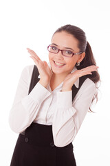 Portrait of a young beautiful business woman in white shirt in glasses of on white background.