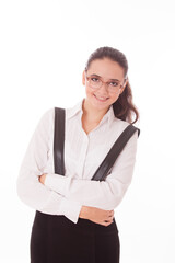 Portrait of a young beautiful business woman in a white shirt in glasses of on white background.