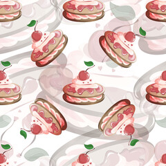 Seamless pattern with cherry cookies and cream. Pattern in red and white colors. Bright pattern. Striped. Printing, packaging design, packaging, textiles.