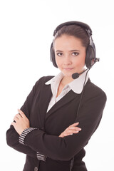 Closeup portrait of a young woman wearing headphones on a white background.