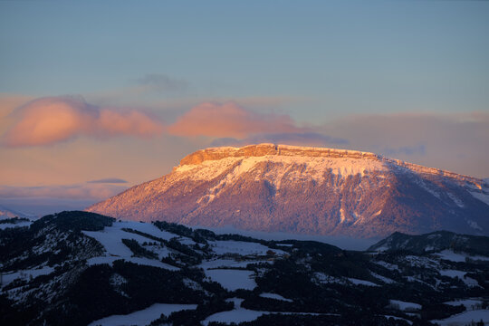 The mountain of Ceuze (height: 2060 meters) in winter at sunrise. Gap, Hautes-Alpes, European Alps, France