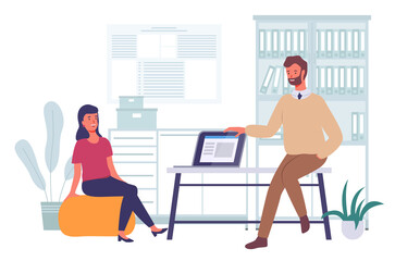 Businessmen dressed in formal clothes are sitting in office room with laptop and talking. Office workers discussing matters. Business meeting and consideration of working issues. Friendly conversation