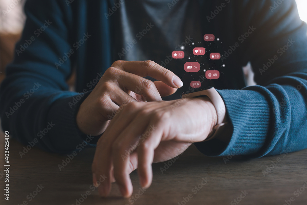 Poster hands touch icon customer network connection on smart watch