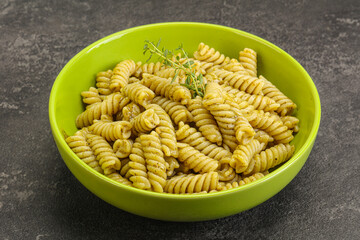 Italian pasta Fusilli with pesto