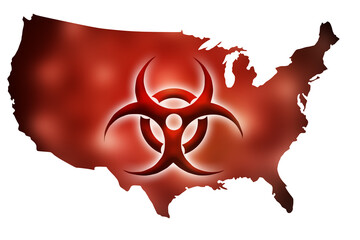 Biohazard sign against the background of a contour map of USA with a red glow. The concept of a new outbreak of diseases and epidemics in United States of America