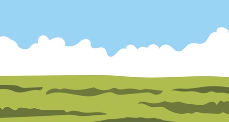 Obraz premium Simple vector springtime landscape. Blue sky, clouds, green meadows. Panoramic view, summer day, clear horizon.