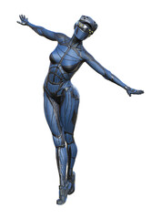 Illustration of a woman wearing a blue skintight outfit with a full face mask and eye sensors pretending she is soaring while isolated on a white background.