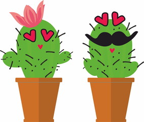 Cute couple succulent or cactus plant in ceramic pot in love