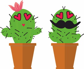 Cute couple succulent or cactus plant in ceramic pot in love
