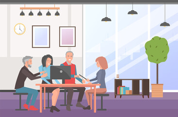 Businesspeople communicating, discuss a project. Happy partners at business meeting, working process. A group of colleagues sitting at a table in office space, talking about conclusion of contract