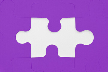 Purple jigsaw puzzle pieces, missing puzzle piece on white background