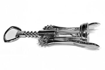 Modern metal corkscrew on a white background. Glossy metal wine bottle opener isolated over the...