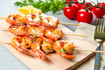  Grilled prawns on wooden skewers, shrimp kebab