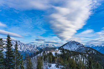 Banff Gondola summit station. Wooden stairs and boardwalks along the summit. Banff National Park,...