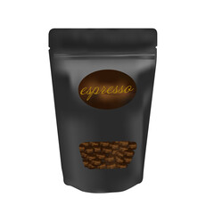 Black packaging aluminum foil zipper coffee beans pouch bag. Vector illustration creative design.