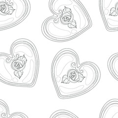 Cartoon heart with rose flower for Valentine's day seamless pattern sketch template. Vector illustration in black and white for games, background, pattern, decor. Coloring paper, page, story book. 