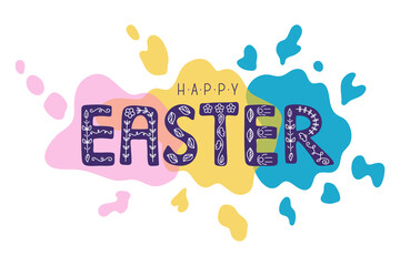 Simple Happy Easter creative typography with cute floral ornament. Festive vector hand drawn holiday greeting card, template for your design banner, advertising, sticker, poster, season invitations.