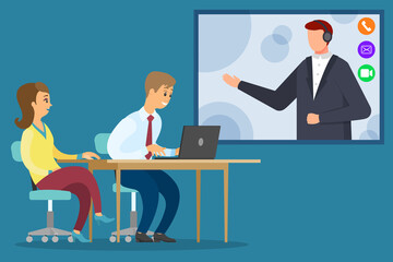 Man and woman by table with laptop, workplace at office. Conversation between office workers and manager or costumer by internet call. Company meeting. Vector illustration of appointment in flat style