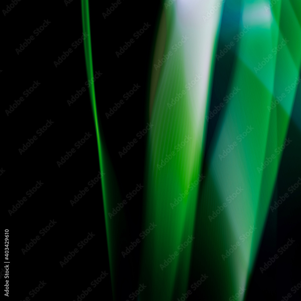 Poster abstract composition of refracted smooth green lines on a dark background in light rays, 3d render
