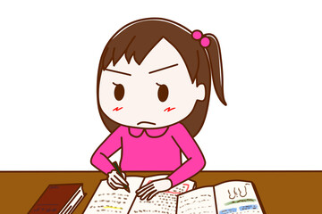 試験のために一生懸命真面目に勉強する少女