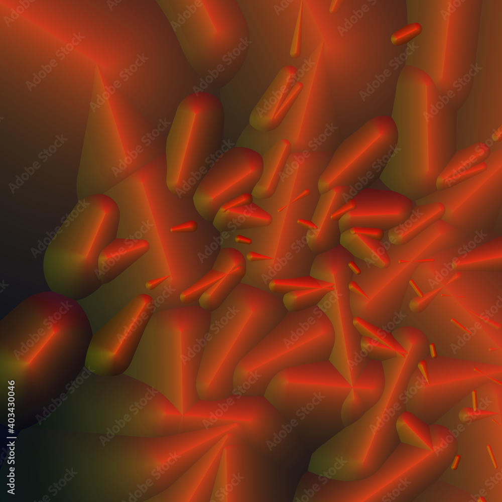 Poster abstract composition of volumetric chaotically grouped columns and sticks in red tones 3d render