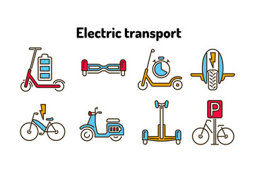 Electric transport color line icons set. Ecological vehicle: bicycle, monowheel, gyrobord, gyroscooter, scooter. Pictograms for web, mobile app, promo. UI UX design element. Editable stroke.