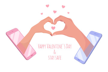 Male and female hands make a heart shape from smartphones. Social distance love concept. Romantic communication in the pandemic and the coronavirus epidemic. Vector illustration
