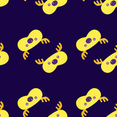 Mask deer yellow color geometric seamless pattern on dark purple background. Children graphic design element for different purposes.