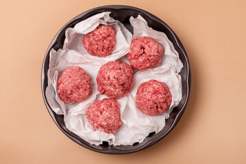Frying Pan with Raw Meatballs on the Light Brown Background Semifinished Food Top View Horizontal