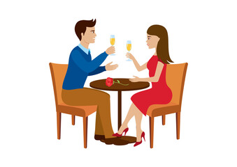 Beautiful loving couple toasting with champagne icon vector. Young couple having date in bar, drinking wine and talking vector. Couple in love at the table vector. Man and woman on a date icon