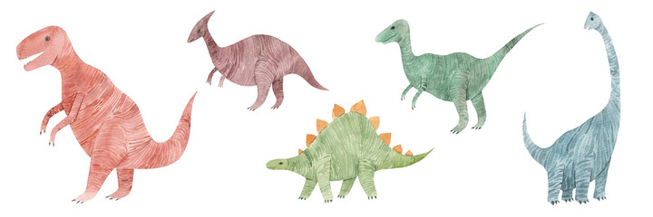 Seth hand drawn watercolor cute dinosaurs isolated on white background. For kids' design, birthday, dino party.