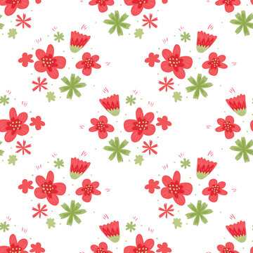 Isolated Seamless Pattern With Simple Creative Red And Green Flowers Silhouettes On White Backround.