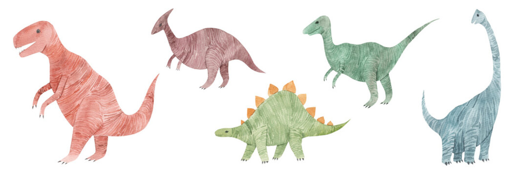 Seth hand drawn watercolor cute dinosaurs isolated on white background. For kids' design, birthday, dino party.