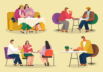 People eating scenes set. Friends or business partners are sitting in cafe or restaurant at a table eating and drinking, have dinner. Cheerful company of people man and women in the club having fun