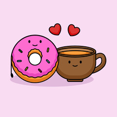 Cute love of couple donut and coffee on Valentine's Day 