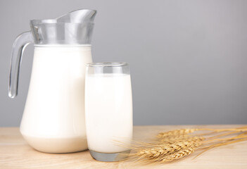 A jug of  fresh milk glass on barley wheat and wooden background.Raw milk is high in calcium and protein to drink for all ages..Milk consumption nutritious and healthy dairy products concept.