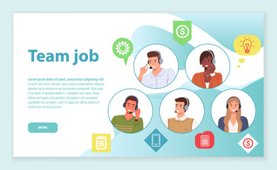 Landing page of website. Team job. Consultants or operators of call center or hotline solving customer s problems together in team. Team of mix race managers wearing headsets in circles at site