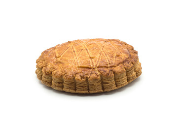 Closeup of traditional king cake on white background