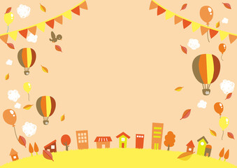 気球と風船が飛んでいる秋空と街並みのイラスト　横位置1