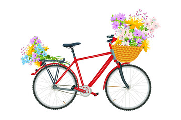 Fototapeta na wymiar Bicycle with a flower wicker basket isolated on white background. Romantic red bicycle carrying a bouquet of spring wildflowers. Flower shops and delivery flowers service. Stock vector illustration