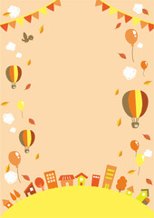 気球と風船が飛んでいる秋空と街並みのイラスト　縦位置