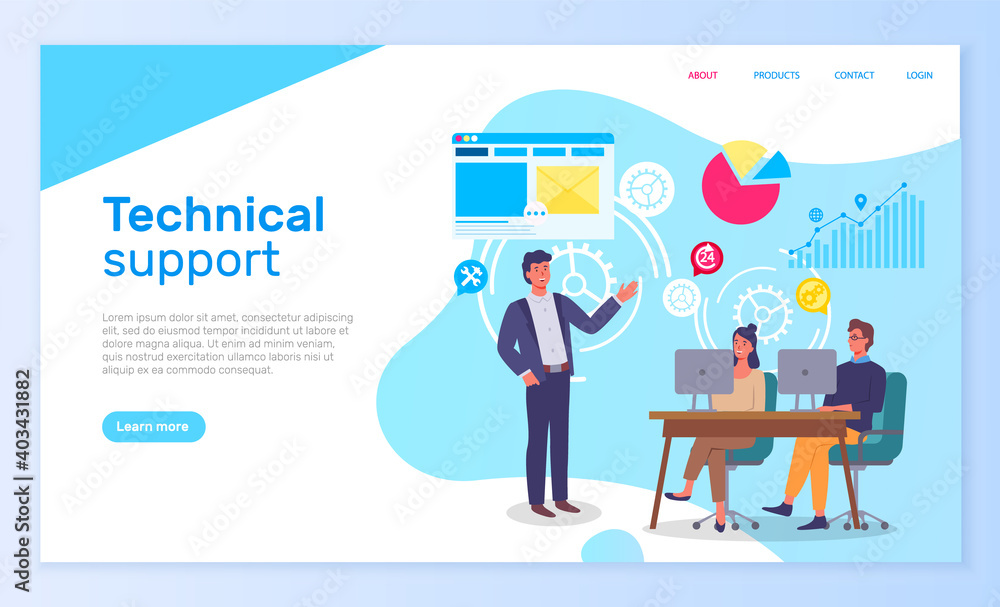 Poster technical support office people interact with computers. landing page template with infographic elem