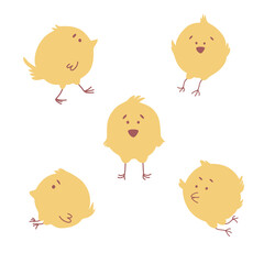 Set of funny cartoon five yellow chicken in various poses. Cute and funny colorful set chicken running, standing, sitting. Vector illustration. Isolated white background.