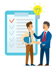 Guy and investor have successful deal for idea. Young man shaking hands with businessman. Boss give compliments to employee for good idea. Clipboard with checkmarks, lamp bulb above two people