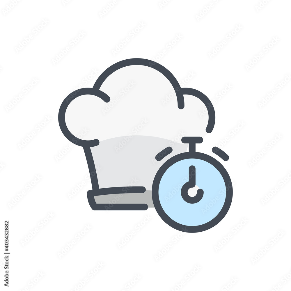 Poster cooking time color line icon. chef hat with timer vector outline colorful sign.