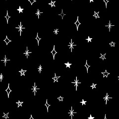 Seamless vector pattern with doodle stars on black background