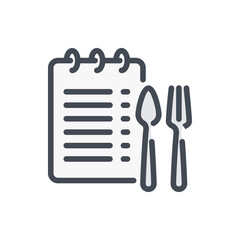 Recipe of dish and List of ingredients color line icon. Notebook with spoon and fork vector outline colorful sign.