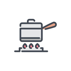 Cooking pan with lid on gas stove color line icon. Saucepan with handle on stove with fire vector outline colorful sign.