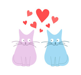 Two cute cats sit and look at each other isolated on white. Hand drawn vector illustration for Valentine's day design.