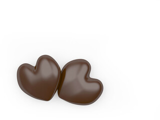 Two chocolate hearts isolated on a white background. 3d illustration